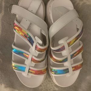 Rainbow sequin Skechers sandals